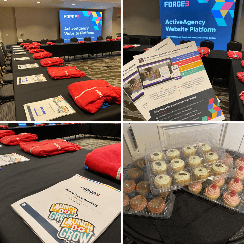 Collage of Four Photos of a Conference Room, Handouts, Sweatshirts, and Cupcakes